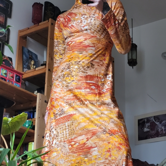 Vintage 70s Wm.G Junior Originals Orange Floral Maple Leaf Long Sleeve Dress - S - Picture 6 of 7